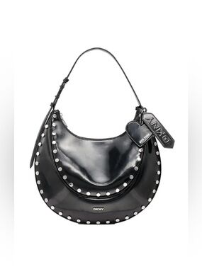 DKNY Black Patent Crescent Shoulder Bag with Silver Studs